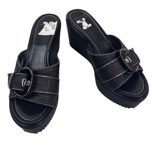 Donald J Pliner Ivo Black‎ Platform Wedge Mule Sandals Buckle Italy Size 9.5